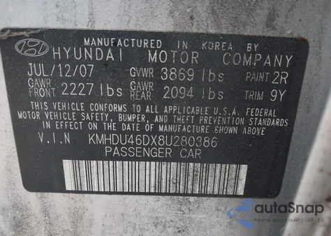 2008 Hyundai Elantra Gls/Se z USA, uszkodzony, nr VIN KMHDU46DX8U280386